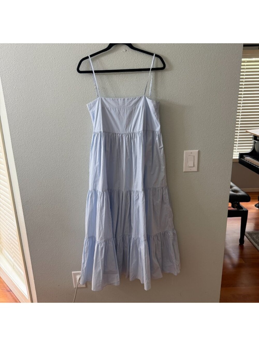 Bird & Knoll Violet Tiered Midi Dress Cotton Poplin Light Blue SMALL Minimalist